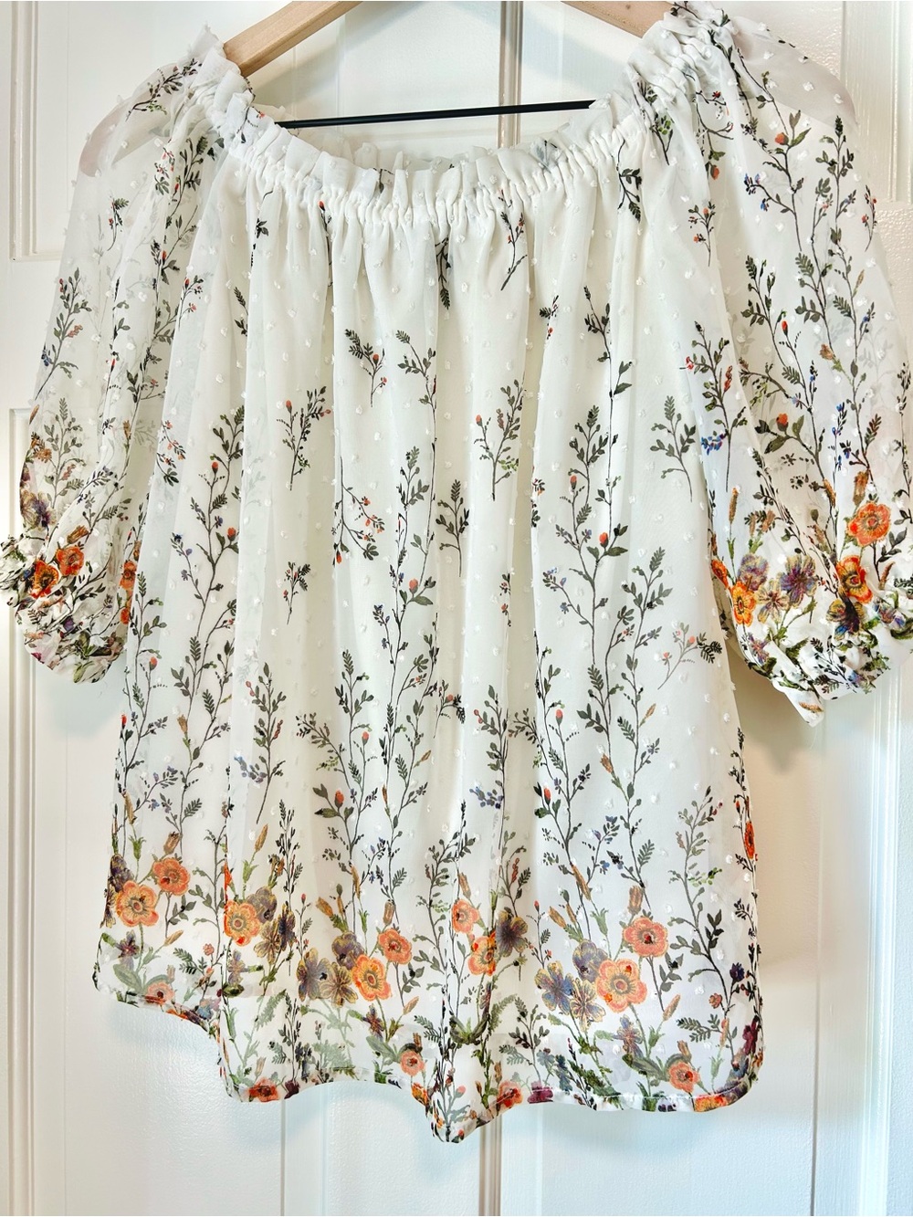 Sweet Rain Floral Swiss Dot Off the Shoulder Blouse Medium